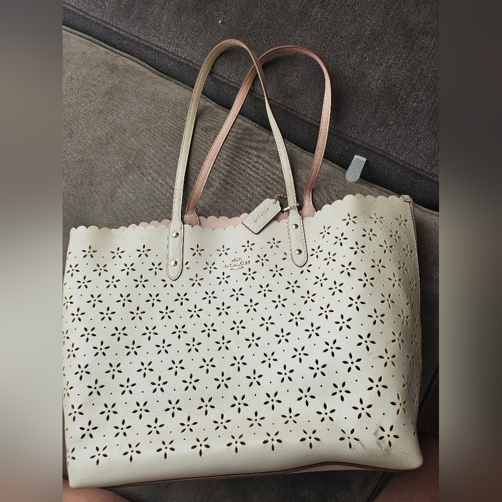Coach Cream and Pink Floral Cutout Tote